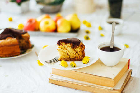 Traditional homemade chocolate cake. Rustic style and natural light.の写真素材