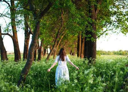 Pretty young woman in long white dress and with long golden curly hair in field at sunset. Photo toned style  filters. Young pretty woman posing outdoor in the flowers fields.の写真素材