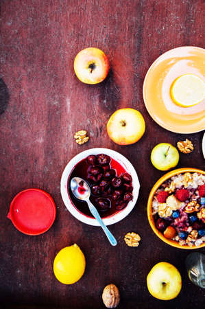 Bowl of oatmeal porridge with blueberry, close up. Healthy home made oatmeal porridge muesli with...