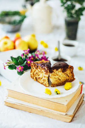 Traditional homemade chocolate cake. Rustic style and natural light. Chocolate Mud Cake  on White...