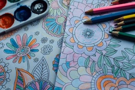 Image of woman coloring, adult coloring book trend, for stress relief. top view. colorer - antistress with colored pencils. Adult coloring books. The woman draws thereby relieves stressの写真素材