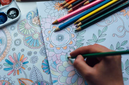 Image of woman coloring, adult coloring book trend, for stress relief. top view. colorer - antistress with colored pencils. Adult coloring books. The woman draws thereby relieves stressの写真素材