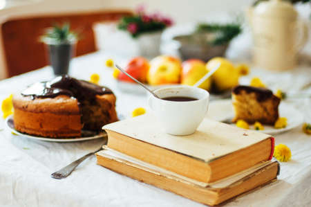 Traditional homemade chocolate cake. Rustic style and natural light. Chocolate Mud Cake  on White table. Piece of chocolate cake with icing. Vanilla Cake with Chocolate Glaze.の写真素材