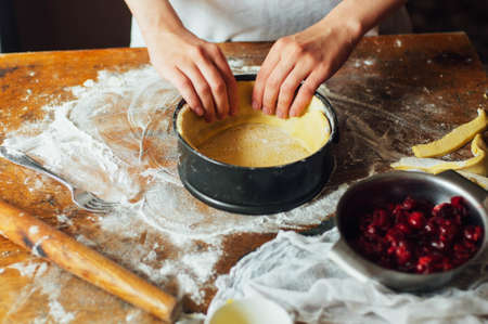 Ingredients for baking cake stuffed with fresh cherry pie. Female preparing cherry pie. Rustic dark style. See series recipe step on step. Womans hands. Recipe for homemade pie on short pastryの写真素材
