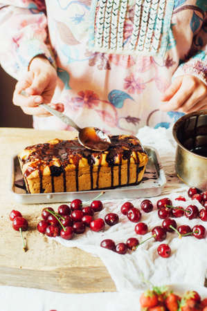 Cherry tart ????. Homemade Organic Berry Pie with blueberries and blackberries. Cherry pieの写真素材