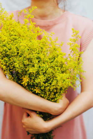 young woman in a rosy dress holding a bunch of colorful picked wild flowers in her hands. Young woman with bouquet of wild flowers. Detail of woman's hands holding wildflower bouquetの写真素材