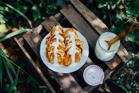 Pancakes with bluberries. Homemade pancakes with fruit. Delicious pancakes stacked with  blueberries. Homemade blueberry Dutch baby pancake.の写真素材