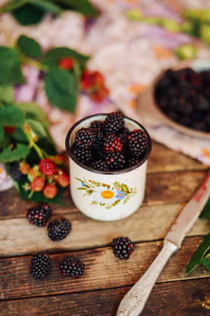 freshly baked berry pie. Blackberries pie with a slice missing. Berry pie preparation.   pie in summer with fresh picked blackberries.の写真素材