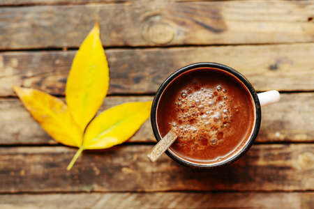 Woman holding cup of hot chocolate. Hot Chocolate in wooden table.  Woman having a cup of coffe. Rose hip tea and fresh rose hips.Autumn composition.の写真素材