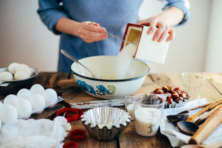 Homemade bakery making, gingerbread cookies close-up.  xmas sweet, winter holidays. Hands roll out...