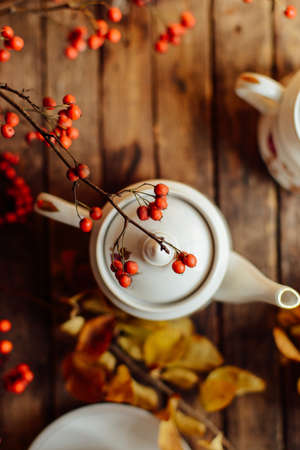 Tea in the rustic Chic style.  Tea Party.  Green tea in a cup and saucer, teapot, sugar bowl, set, tableware for tea. Teapot of healthy herbal tea, dry flowers. Cup of tea with autumn decor on  table.の写真素材