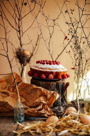Tart with strawberries and whipped cream decorated with mint leaves. Top viewの写真素材