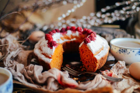 Tart with strawberries and whipped cream decorated with mint leaves. Top viewの写真素材
