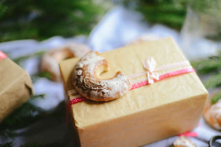 Christmas cookie on a wooden backgroundの写真素材