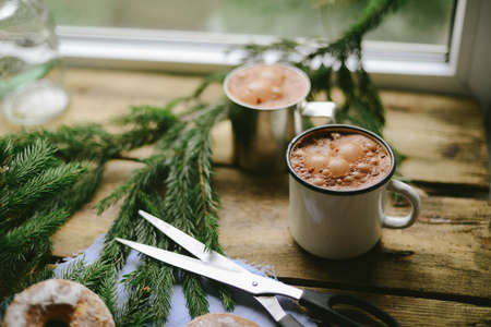 winter cup and Christmas decorationsの写真素材