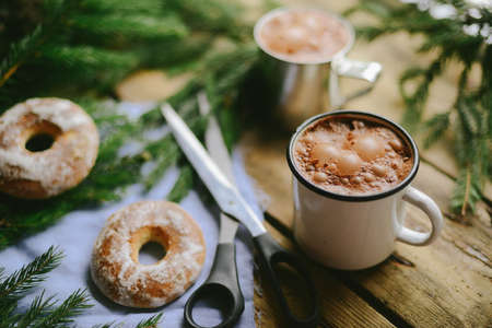 winter cup and Christmas decorationsの写真素材