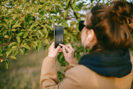 Beautiful young woman using smart phone outdoorの写真素材