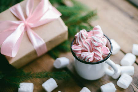 hot chocolate with mini marshmallows cinnamon winter drinkの写真素材