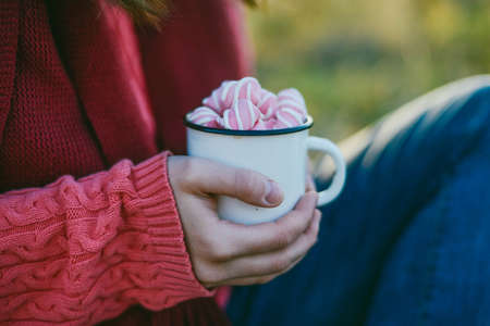 Woman Hands Holding Cup Beverage Hot Chocolate with marshmallow outdoor. Christmas New Year Conceptの写真素材