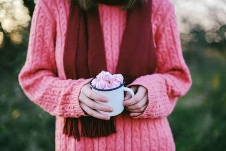 Woman Hands Holding Cup Beverage Hot Chocolate with marshmallow outdoor. Christmas New Year Conceptの写真素材