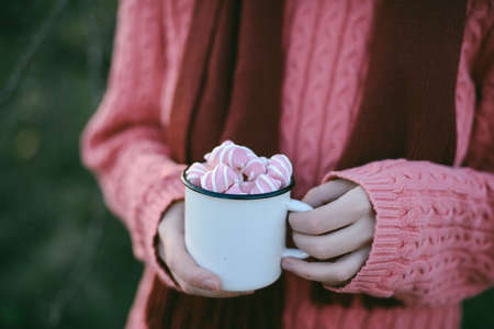 Woman Hands Holding Cup Beverage Hot Chocolate with marshmallow outdoor. Christmas New Year Conceptの写真素材