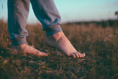 beautiful barefoot girl's legs in the cool morning dew on the grass.の写真素材