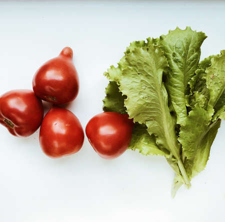 fresh vegetables isolated on white background, top view. flat layの写真素材