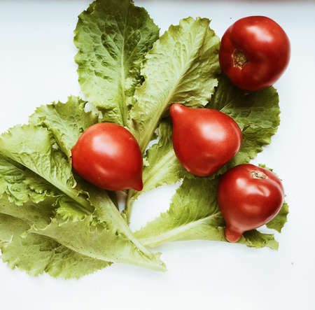 fresh vegetables isolated on white background, top view. flat layの写真素材
