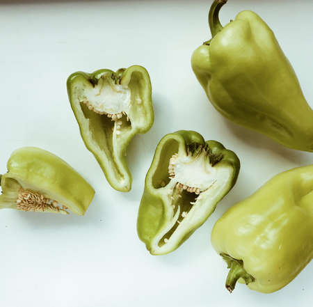 green sweet bell pepper isolated on white background. flat layの写真素材
