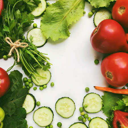 Different raw vegetables and fruits background.Healthy eating.の写真素材