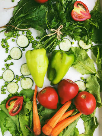 Different raw vegetables and fruits background.Healthy eating.の写真素材