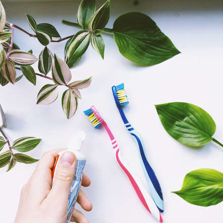 Toothbrushes, toothpaste and rinse  set on white background. Dental and healthcare concept.の写真素材