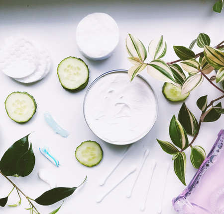 face cream with selective focus. Cosmetics pink and white backgroundの写真素材