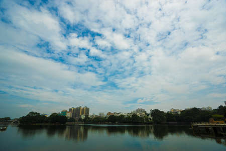 The landscape of south lake in huizhou west lake scenic area, Huizhou city, guangdong, Chinaの写真素材