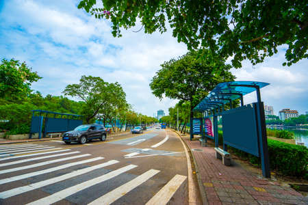 A bus stop in South Lake of Huizhou west lake scenic area, Huizhou, Guangdong, Chinaのeditorial素材