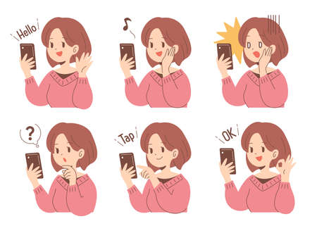 Woman pose set with smartphoneのイラスト素材