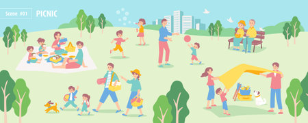Illustration of a landscape with people enjoying a picnicのイラスト素材