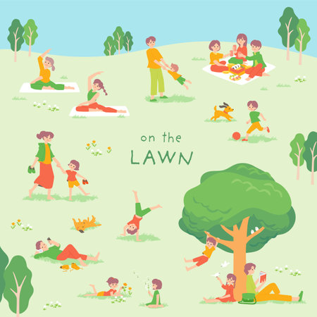 Illustration of the scenery of people spending time in the lawn squareのイラスト素材