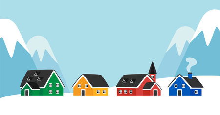 Colorful houses and snow mountain landscapeのイラスト素材