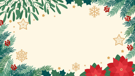 Design background frame decorated with Christmas ornaments, fir tree, mistletoe and poinsettiaのイラスト素材