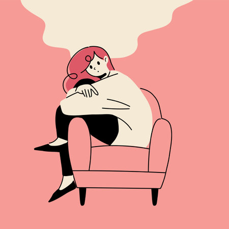 A simple and stylish vector illustration of a woman sitting on a chair and thinkingのイラスト素材