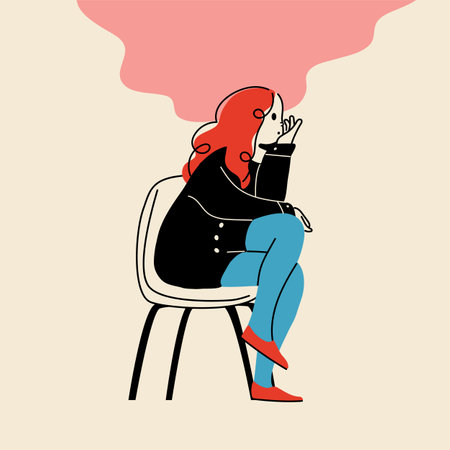 A simple and stylish vector illustration of a woman sitting on a chair and thinkingのイラスト素材