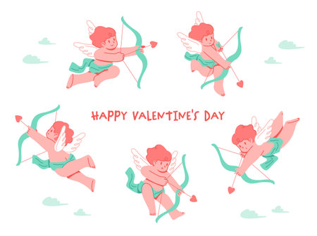 Illustration set of several pose variations of Cupid holding an arrow suitable for Valentine's Day