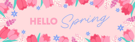 Spring flower background material, pink tulips and small flowersのイラスト素材