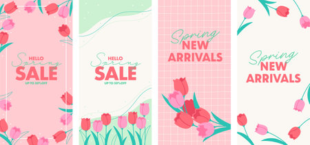 Spring floral banner background set, tulip flower designのイラスト素材