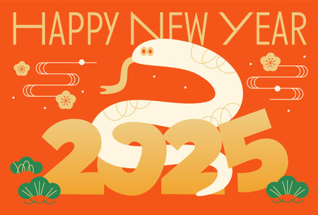 Cute and modern New Year's card for 2025 Year of the Snakeのイラスト素材