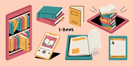 Vector illustration set of e-book related itemsのイラスト素材