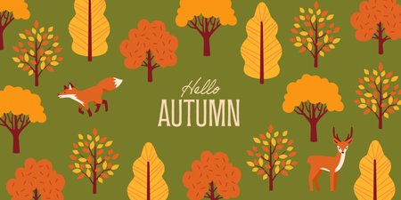 Cozy Autumn Landscape: Cute Houses and Woodland Animals Vectorのイラスト素材