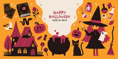 Cute Witch Halloween Vector Illustration Setのイラスト素材