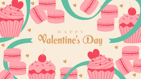 Valentine's Day: Macaroons, cupcakes and ribbon backgroundのイラスト素材